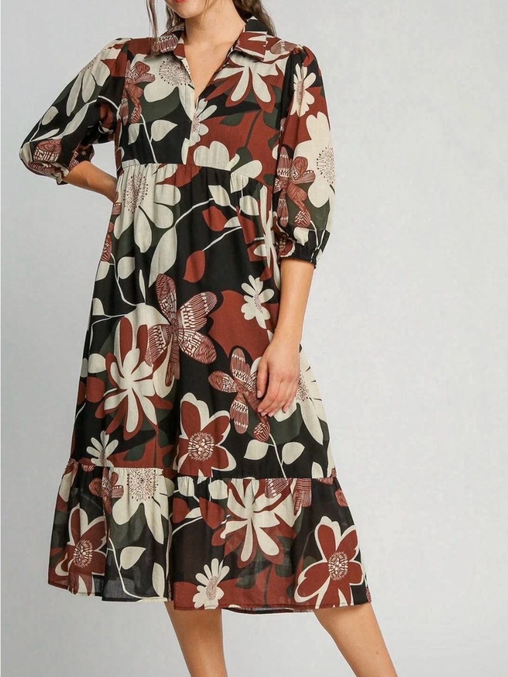Umgee Brown & Cream Floral Midi Dress